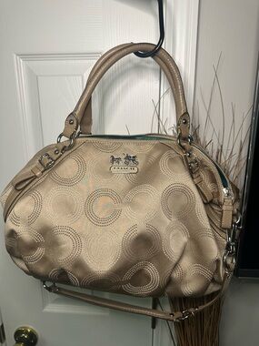 Coach Madison Sophia satchel featuring a Dotted Op Art pattern and leather trim